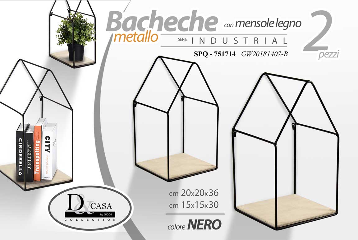 8025569751714 2 MENSOLE PARETE CASA MENSOLA LEGNO BACHECA SOSPESA METALLO NERO H 36 E 30 cm - immagine 1