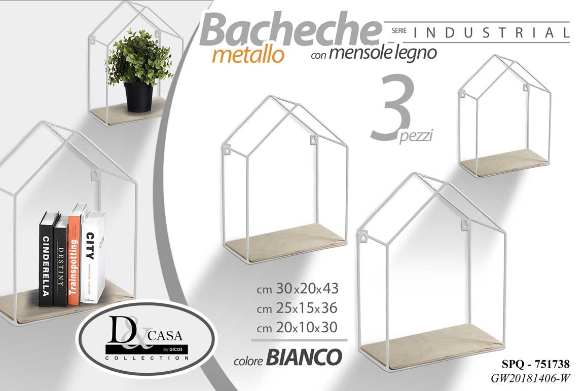 8025569751738 3 MENSOLE PARETE CASA MENSOLA LEGNO BACHECA SOSPESA METALLO BIANCO 43-36-30 cm - immagine 1