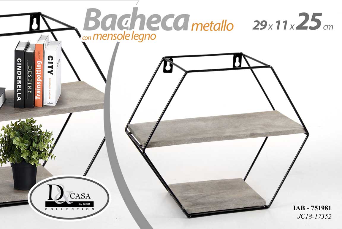 8025569751981 BACHECA PORTA OGGETTI METALLO ESAGONALE PARETE 2 MENSOLE LEGNO 29*11*25CM - immagine 1