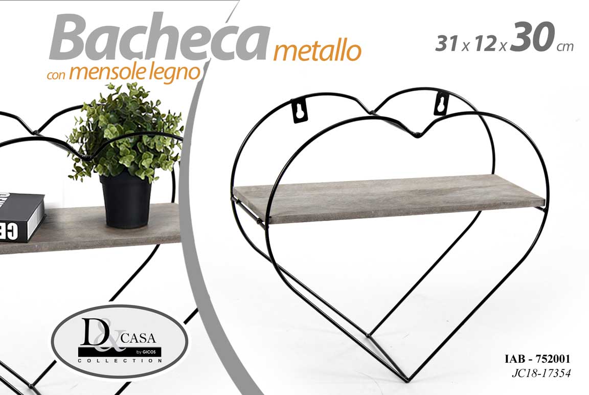 8025569752001 BACHECA CUORE MENSOLA PARETE MURO METALLO NERO RIPIANI LEGNO SCAFFALE 31*12*30 - immagine 1