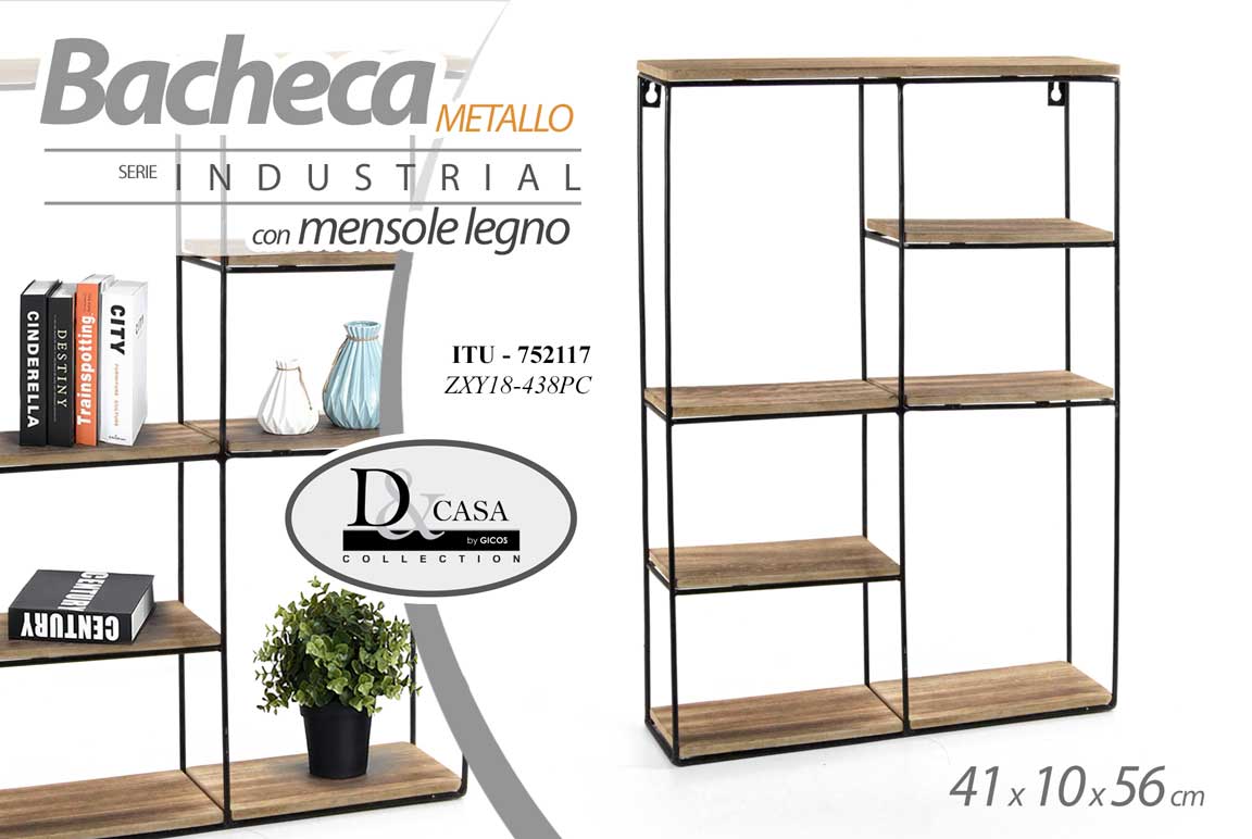 8025569752117 BACHECA MENSOLA SCAFFALE PORTA OGGETTI METALLO MURO PARETE LEGNO 41*10*h56 cm - immagine 1