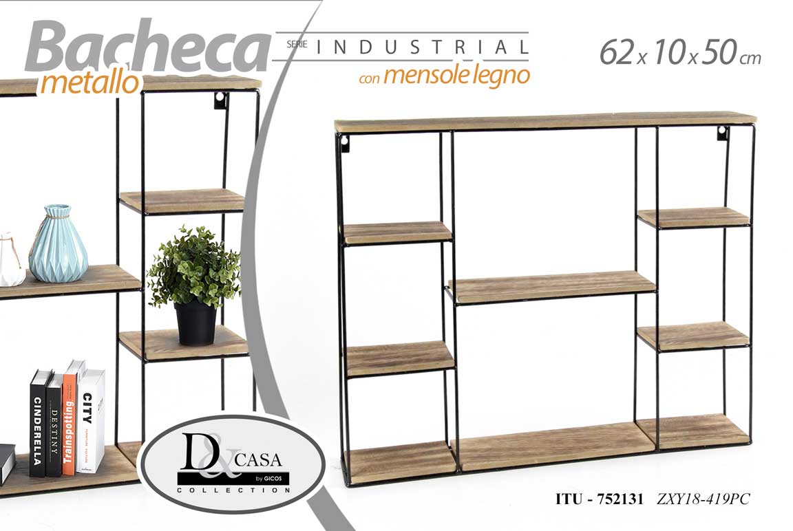 8025569752131 BACHECA PORTA OGGETTI METALLO INDUSTRIAL PARETE MENSOLE LEGNO 62*10*50CM - immagine 1