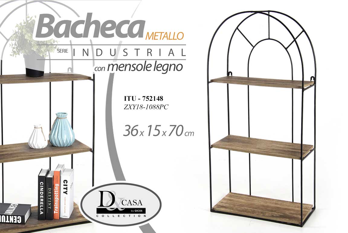 8025569752148 BACHECA MENSOLA PARETE MURO METALLO NERO 3 RIPIANI LEGNO SCAFFALE H70*L36*P15cm - immagine 1
