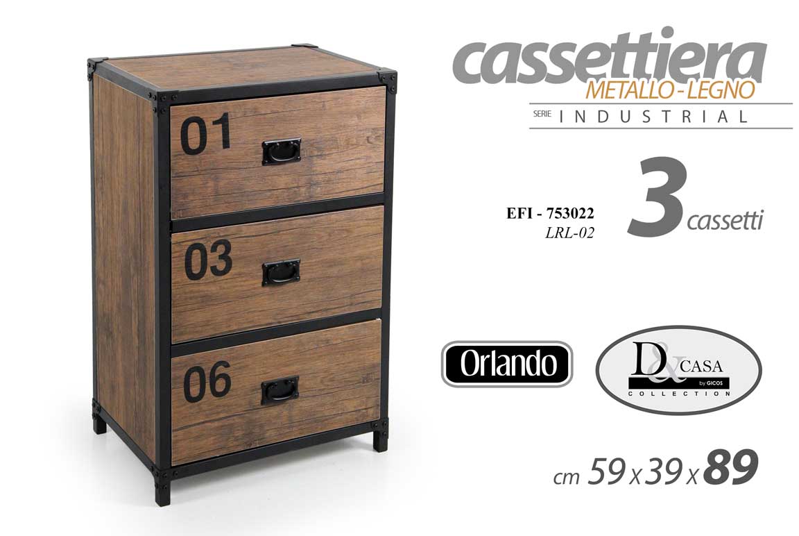 8025569753022 COMODINO CASSETTIERA 3 CASSETTI LEGNO METALLO NAUTICO INDUSTRIALE 89*59*39 - immagine 1
