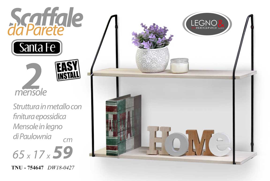 8025569754647 SCAFFALE DA PARETE 2 MENSOLE LEGNO PENSILE MODERNO LIBRERIA METALLO 65*17*59 CM - immagine 1
