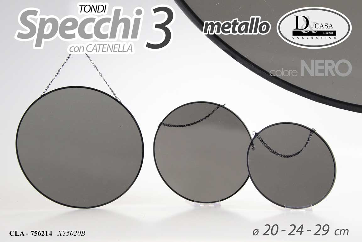 8025569756214 SET 3 SPECCHI PARETE CON CATENA NERO SPECCHIO LIBERA INSTALLAZIONE 17/22/27 CM T - immagine 1
