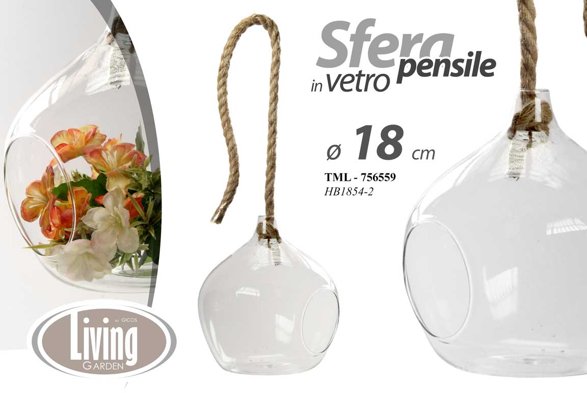8025569756559 SFERA PENDENTE VASO SOSPESO VETRO VASETTO VETRO TRASPARENTE PALLA FIORI D 18 CM - immagine 1