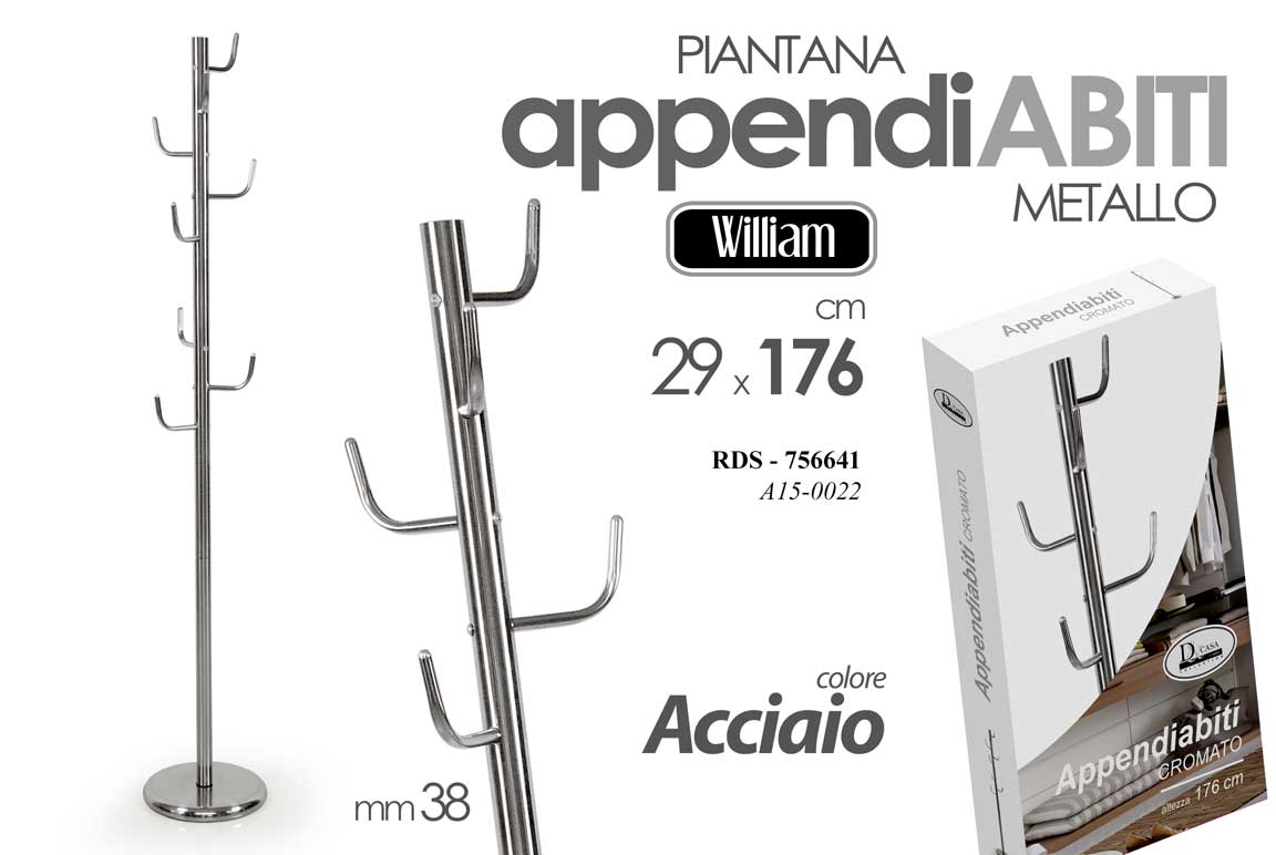 8025569756641 Attaccapanni Appendiabiti Piantana PORTA ABITI ACCIAIO Metallo MODERNO 176*29 CM - immagine 1