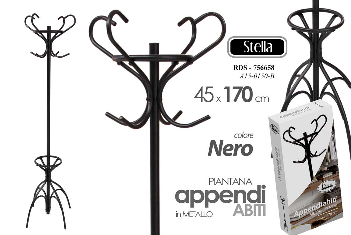 8025569756658 Attaccapanni Appendiabiti Piantana Metallo Ganci CLASSICO MODERNO NERO 170*45 cm - immagine 1