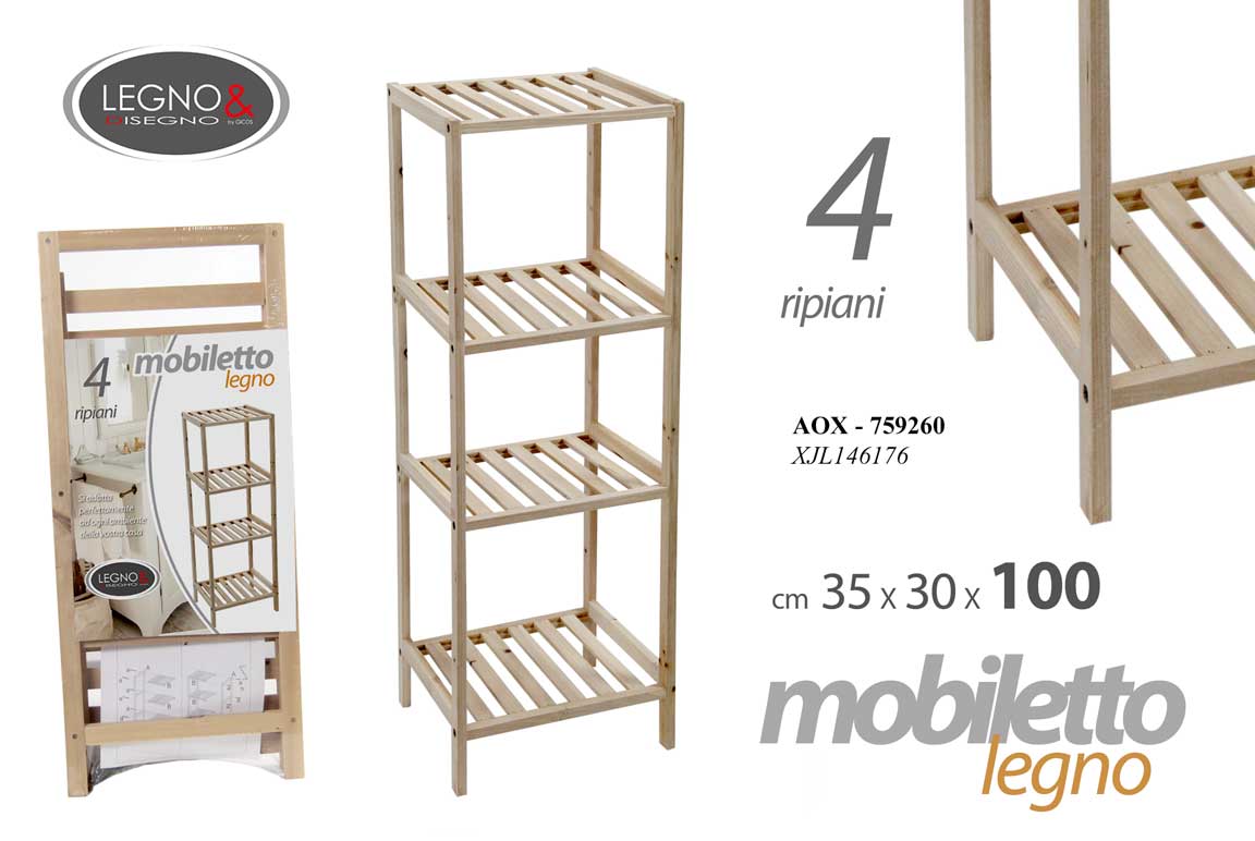 8025569759260 SCAFFALE MOBILETTO LEGNO CUCINA BAGNO 4 RIPIANI MENSOLE MODERNO h100*35*30 CM - immagine 1