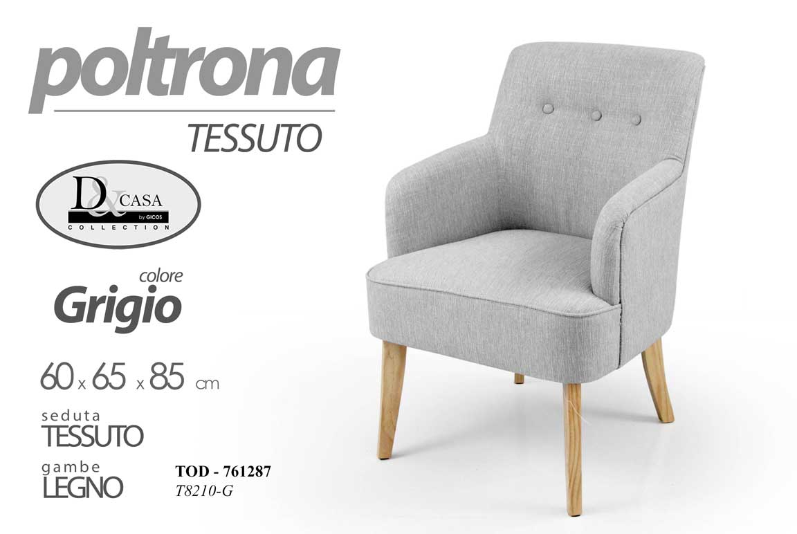 8025569761287 SEDIA POLTRONA GRIGIA Class TESSUTO MODERNA SCANDINAVO LEGNO GREY h85*60*65 cm - immagine 1