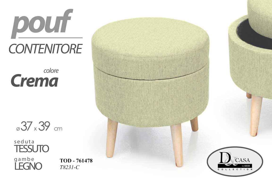 8025569761478 POUF SGABELLO POGGIAPIEDI TONDO MODERNO POUFF PIEDI LEGNO TESSUTO CREMA 39*Ø37cm - immagine 1