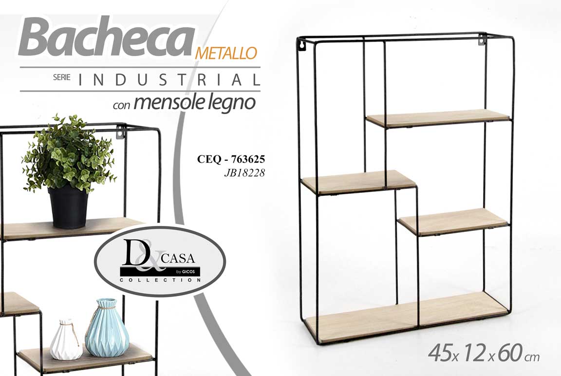 8025569763625 BACHECA PORTA OGGETTI METALLO RETTANGOLARE PARETE MENSOLE LEGNO 45*12*60CM - immagine 1