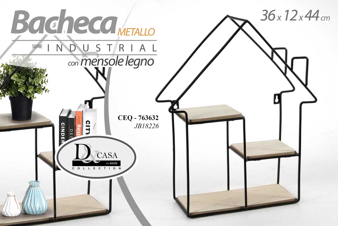 8025569763632 BACHECA PORTA OGGETTI METALLO CASETTA PARETE MENSOLE LEGNO 36*12*44CM - immagine 1