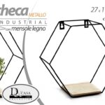 BACHECA ESAGONALE MENSOLA PARETE MURO METALLO NERO LEGNO SCAFFALE L27*P11*H24cm