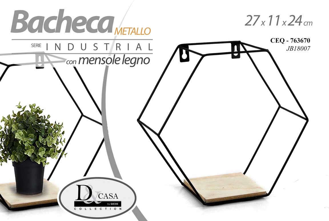 8025569763670 BACHECA ESAGONALE MENSOLA PARETE MURO METALLO NERO LEGNO SCAFFALE L27*P11*H24cm - immagine 1