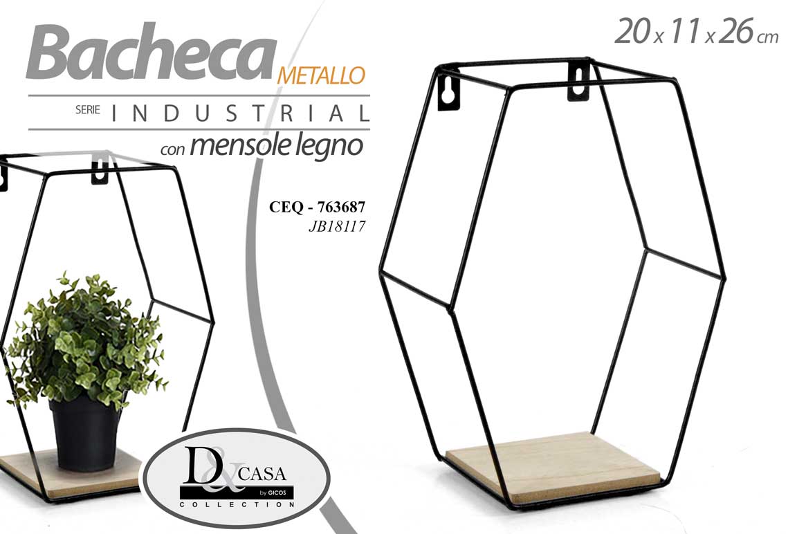 8025569763687 BACHECA ESAGONALE MENSOLA PARETE MURO METALLO NERO LEGNO SCAFFALE L20*P11*H26cm - immagine 1
