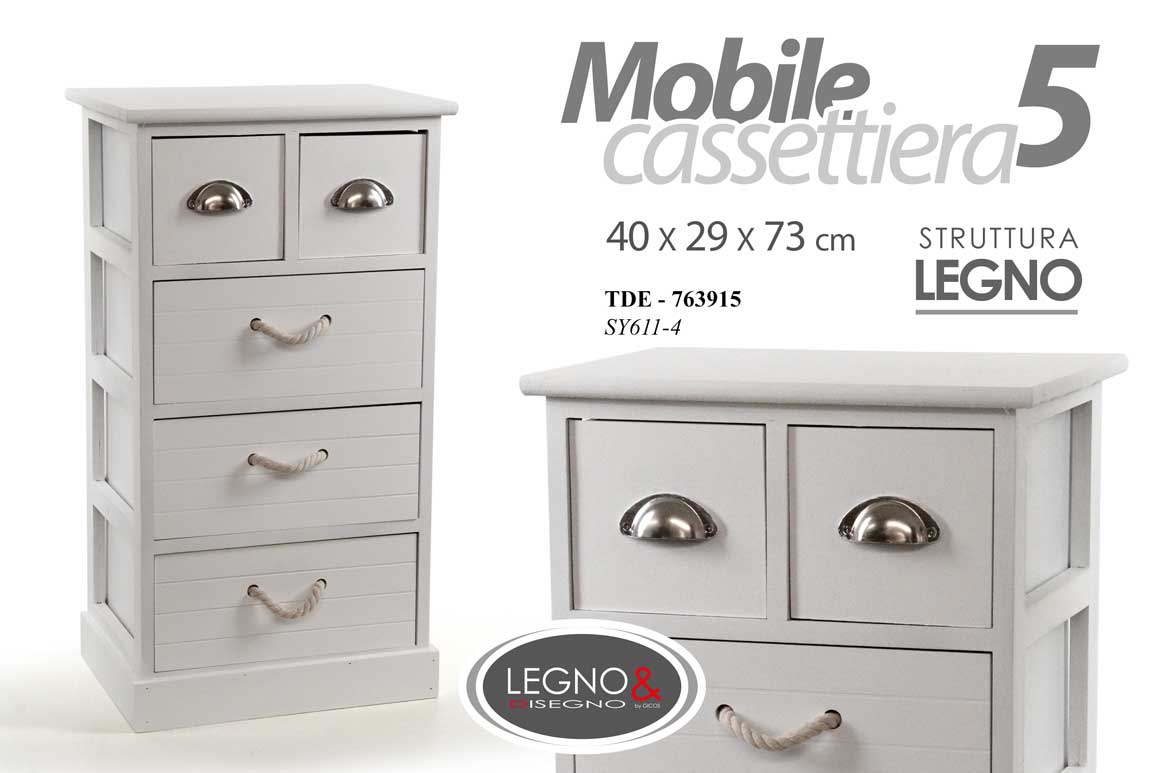 8025569763915 CASSETTIERA 5 CASSETTI SLIM SALVASPAZIO MOBILE BIANCO LEGNO MODERNA 73*40*29 cm - immagine 1