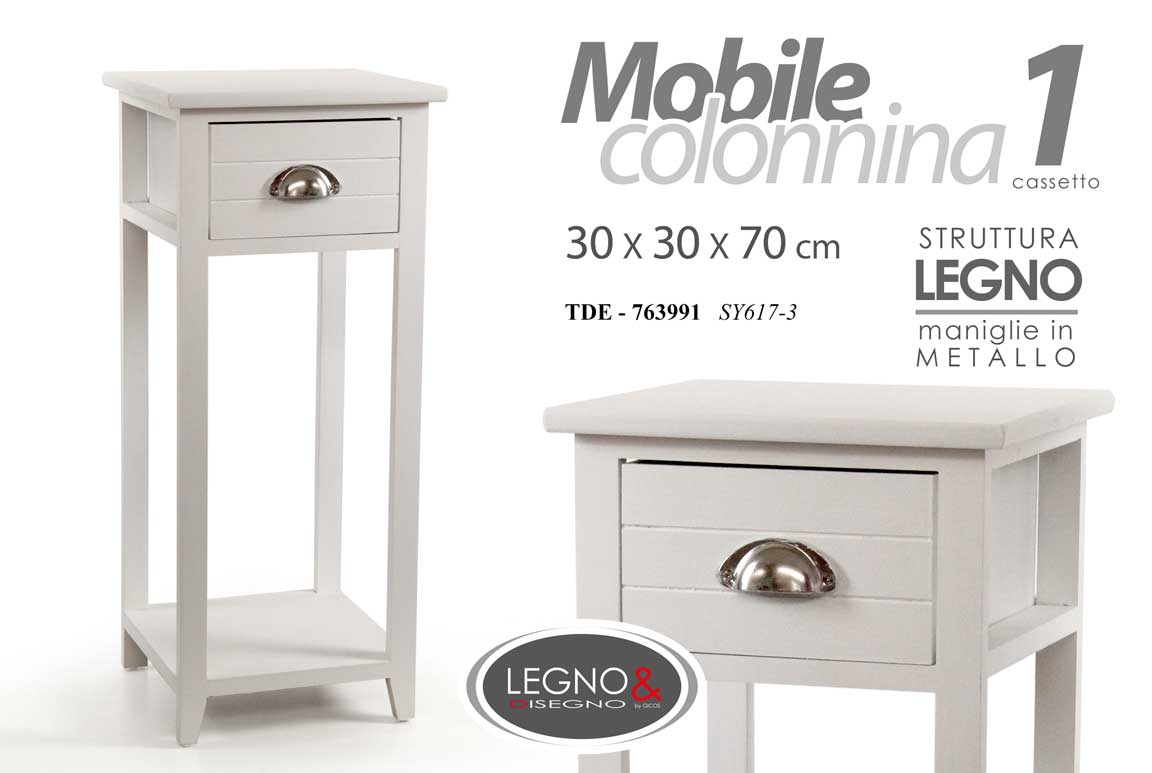 8025569763991 COMODINO INDUSTRIALE h70*30 CM LEGNO BIANCO MOBILE INGRESSO COLONNINA + CASSETTO - immagine 1