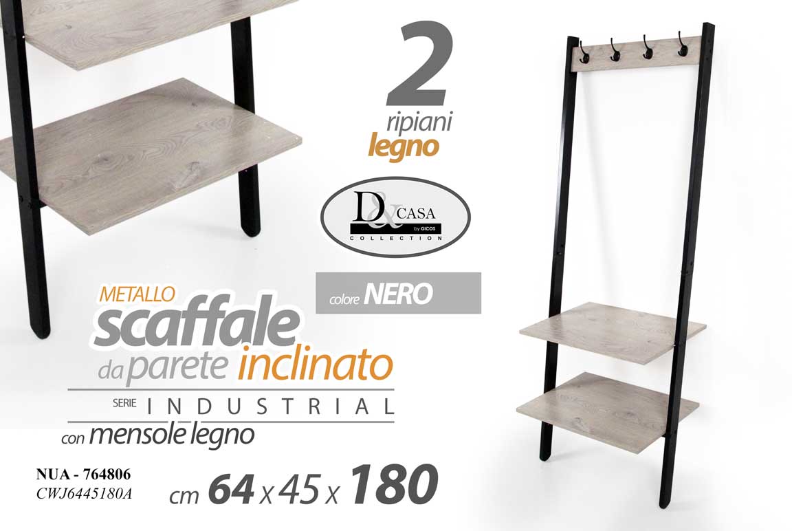 8025569764806 APPENDIABITI DA PARETE METALLO NERO SCAFFALE INCLINATO MENSOLE LEGNO H180*L64*45 - immagine 1