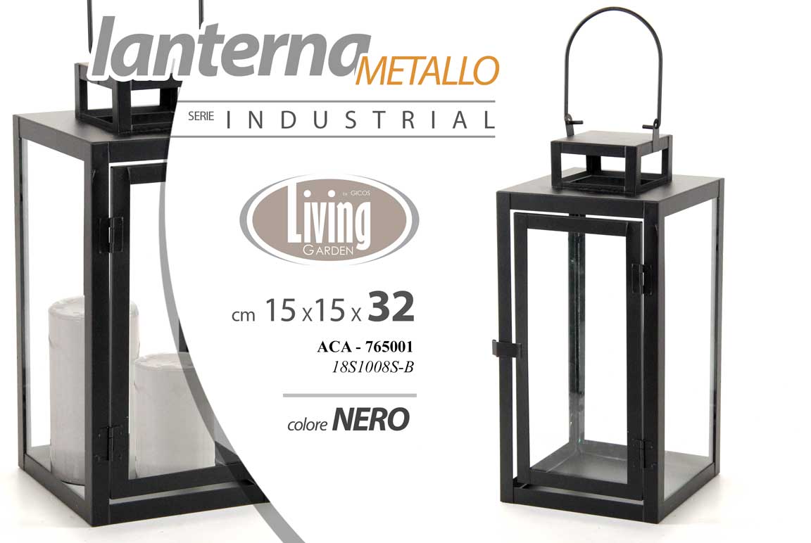 8025569765001 LANTERNA MODERNA NERA H32*15 CM METALLO PORTACANDELA SEGNAPOSTO CASA GIARDINO - immagine 1