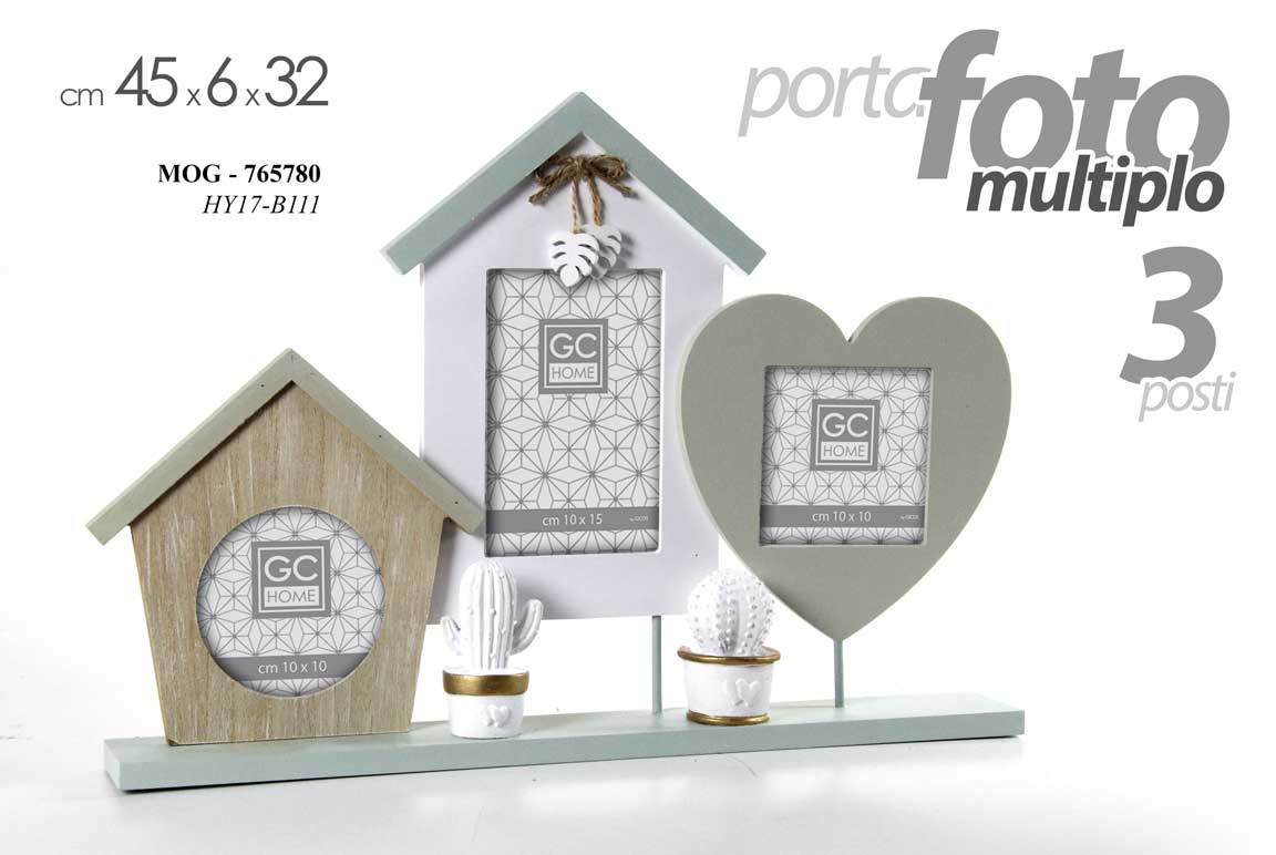 8025569765780 PORTAFOTO MULTIPLO 3 POSTI CUORE CASA DA TAVOLO APPOGGIO CORNICE LEGNO 45*6*32cm - immagine 1
