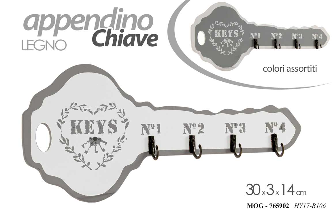 8025569765902 Appendino chiave appendiabiti legno ganci parete muro bacheca keys ass 30x14x3 - immagine 1