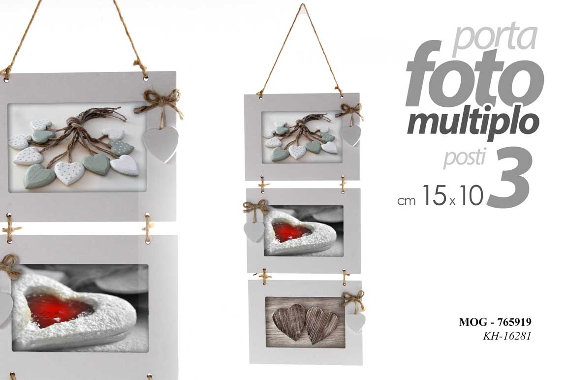8025569765919 PORTAFOTO MULTIPLO DA PARETE 3 POSTI 15*10 FOTO CORNICE LEGNO BIANCO CUORI PEND - immagine 1