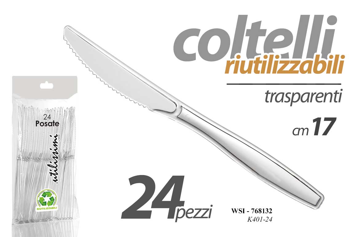 8025569768132 24 COLTELLI RIUTILIZZABILI FESTE PARTY POSATE TRASPARENTE Rigide COLTELLO 17 cm - immagine 1