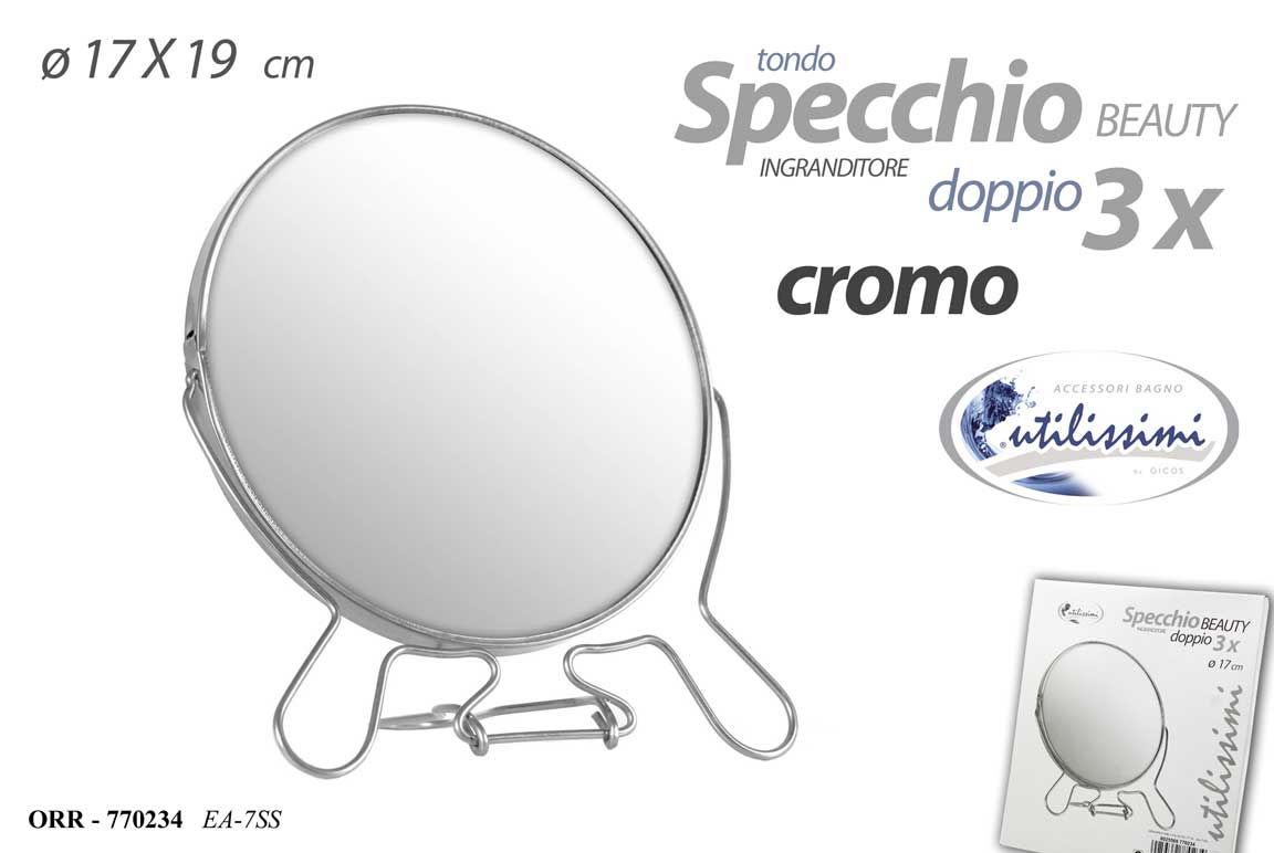 8025569770234 SPECCHIO INGRANDITORE DOPPIO BAGNO TRUCCO TONDO METALLO 2 FACCE 3X CROMO 17*19 - immagine 1