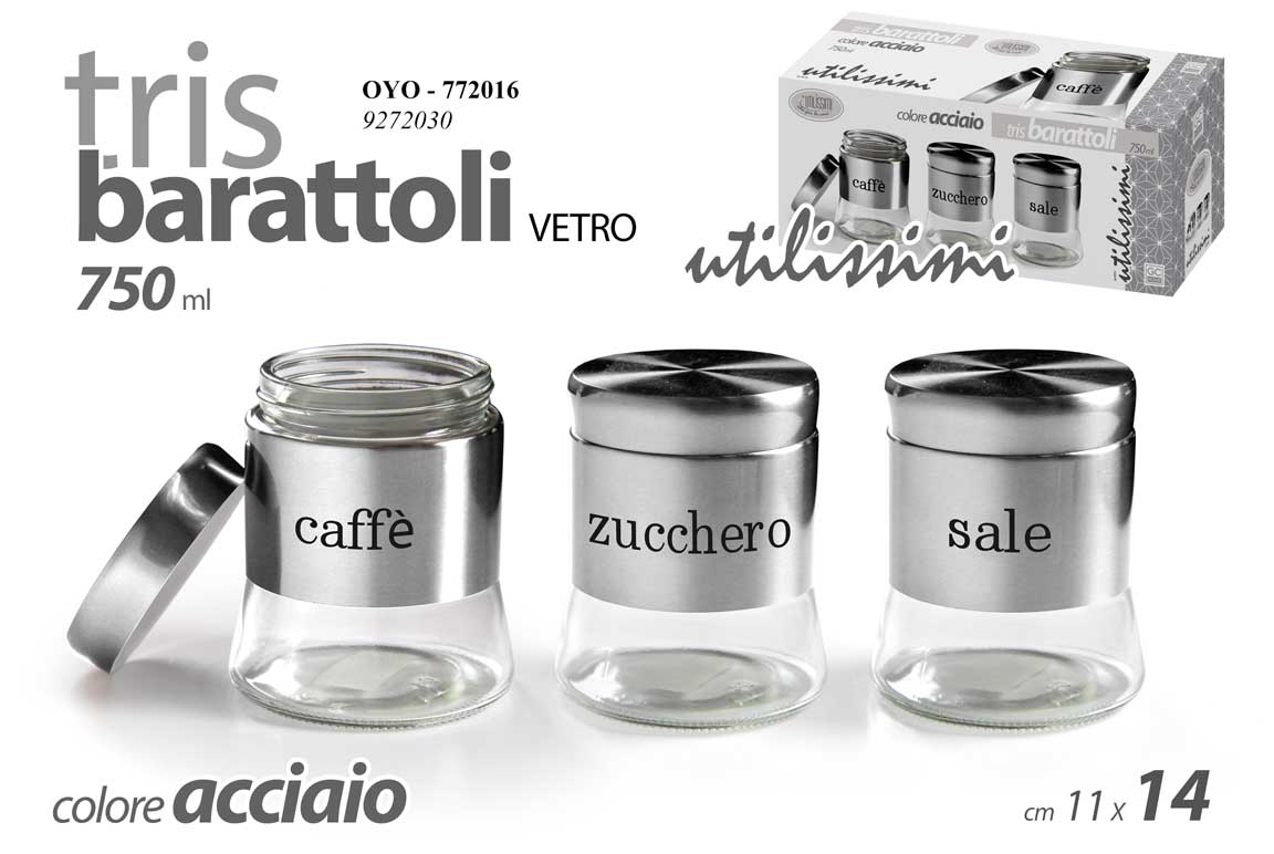 8025569772016 Set barattoli cucina sale zucchero caffè vetro metallo col argento moderno 14cm - immagine 1