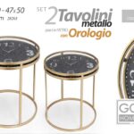 SET 2 TAVOLI CON OROLOGIO TAVOLINI METALLO COLOR ORO PIANI VETRO 52*60/47*50 cm