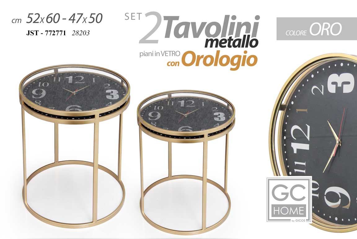 8025569772771 SET 2 TAVOLI CON OROLOGIO TAVOLINI METALLO COLOR ORO PIANI VETRO 52*60/47*50 cm - immagine 1