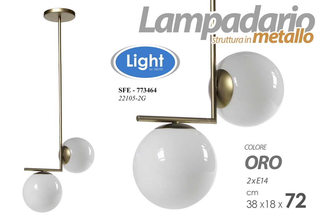 8025569773464 LAMPADARIO 2 LUCI METALLO ORO CLASSICO MODERNO SFERE VETRO 2*25W E14 38*18*72cm - immagine 1