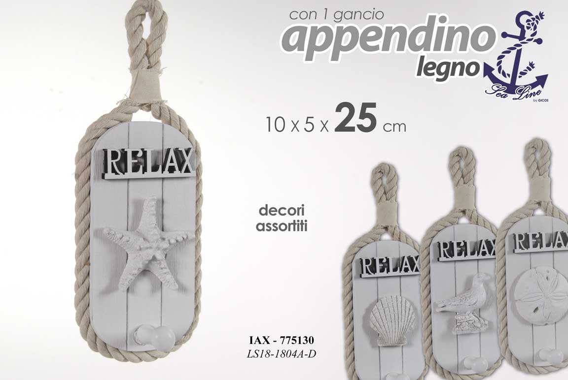 8025569775130 APPENDINO DA PARETE IN LEGNO DECORATIVO CON CORDA POMOLO LINEA MARE ASSOR 25 CM - immagine 1