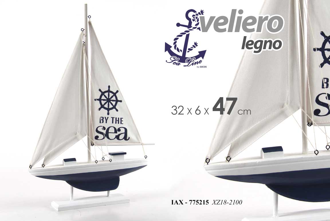 8025569775215 VELIERO NAVE BARCA IMBARCAZIONE LEGNO ARREDO NAUTICO MARE BIANCO BLU 32*6*47 CM - immagine 1