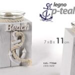PORTA CANDELA CANDELABRO TEALIGHT MARE NAUTICO LEGNO Bicchiere Vetro 11*8CM