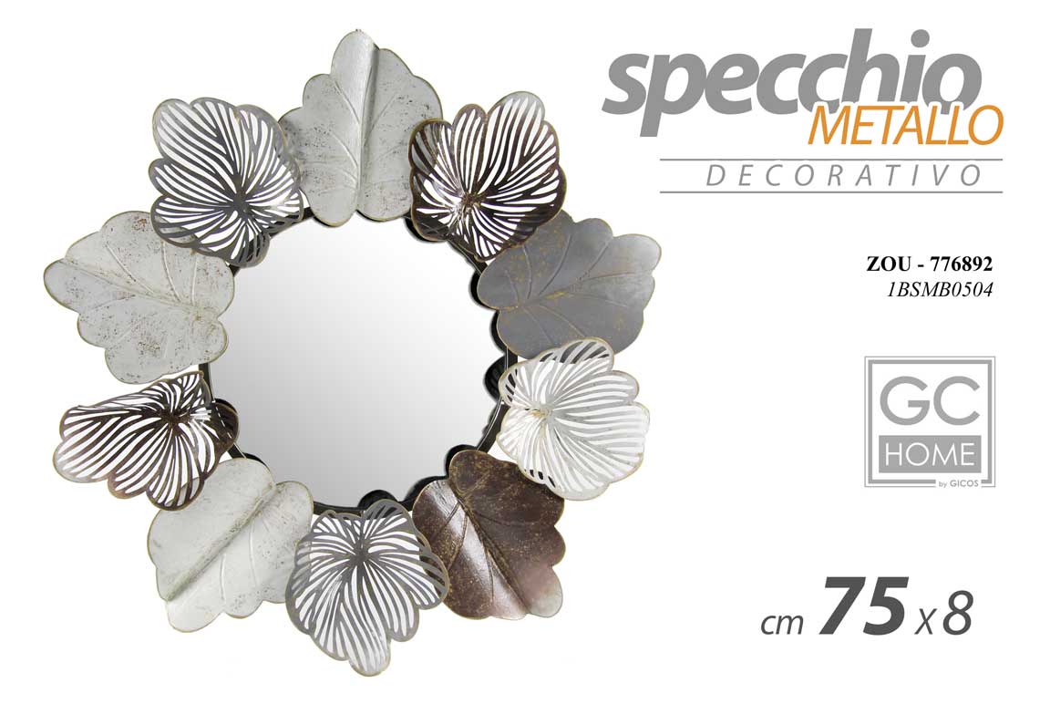 8025569776892 SPECCHIO DA PARETE METALLO TONDO SPECCHIERA CORNICE Moderno ARGENTO FOGLIE 75 cm - immagine 1