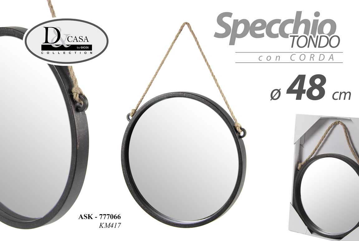 8025569777066 SPECCHIO 48 CM CON CORDA SPECCHIERA PARETE DA MURO APPESO TONDO MODERNO NERO - immagine 1