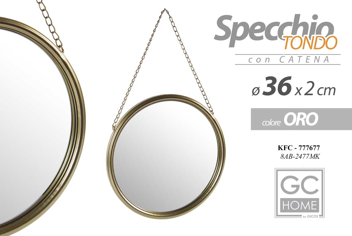 8025569777677 SPECCHIO DA PARETE CON CATENA CORNICE ORO APPESO PENDENTE CLASSICO MODERNO 36 CM - immagine 1