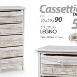 CASSETTIERA LEGNO SLIM SALVASPAZIO 5 CASSETTI BIANCO VIMINI RIVESTITI 90*40*29cm