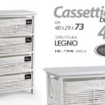 CASSETTIERA LEGNO SLIM SALVASPAZIO 4 CASSETTI VIMINI RIVESTITI BIANCA 73*40*29cm