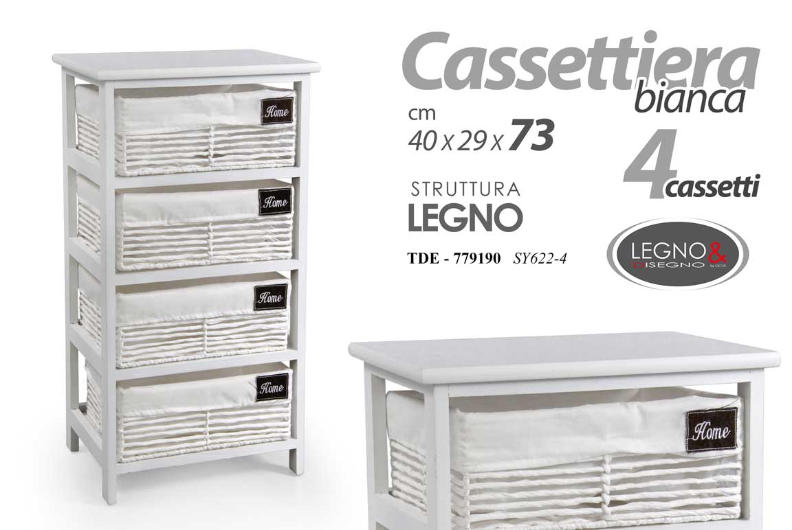 8025569779190 CASSETTIERA LEGNO SLIM SALVASPAZIO 4 CASSETTI VIMINI RIVESTITI BIANCA 73*40*29cm - immagine 1