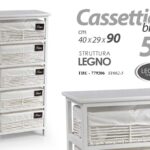 CASSETTIERA LEGNO 5 CASSETTI SLIM SALVASPAZIO BIANCO VIMINI RIVESTITI 90*40*29cm