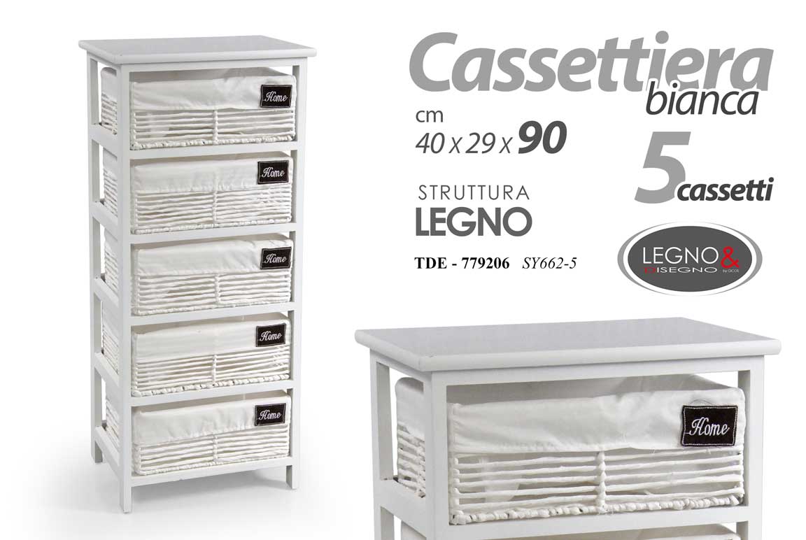 8025569779206 CASSETTIERA LEGNO 5 CASSETTI SLIM SALVASPAZIO BIANCO VIMINI RIVESTITI 90*40*29cm - immagine 1