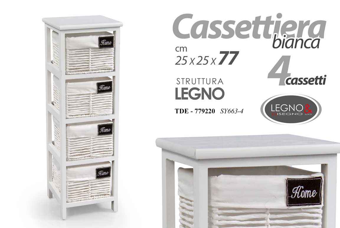 8025569779220 CASSETTIERA 4 CASSETTI VIMINI LEGNO SLIM SALVASPAZIO BIANCA 77*25*25CM - immagine 1