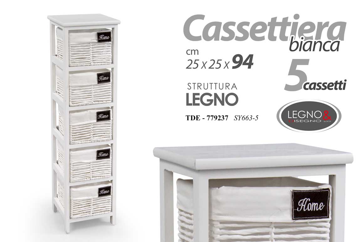 8025569779237 CASSETTIERA VIMINI 5 CASSETTI RIVESTITI LEGNO BIANCA SLIM SALVASPAZIO 94*25*25cm - immagine 1