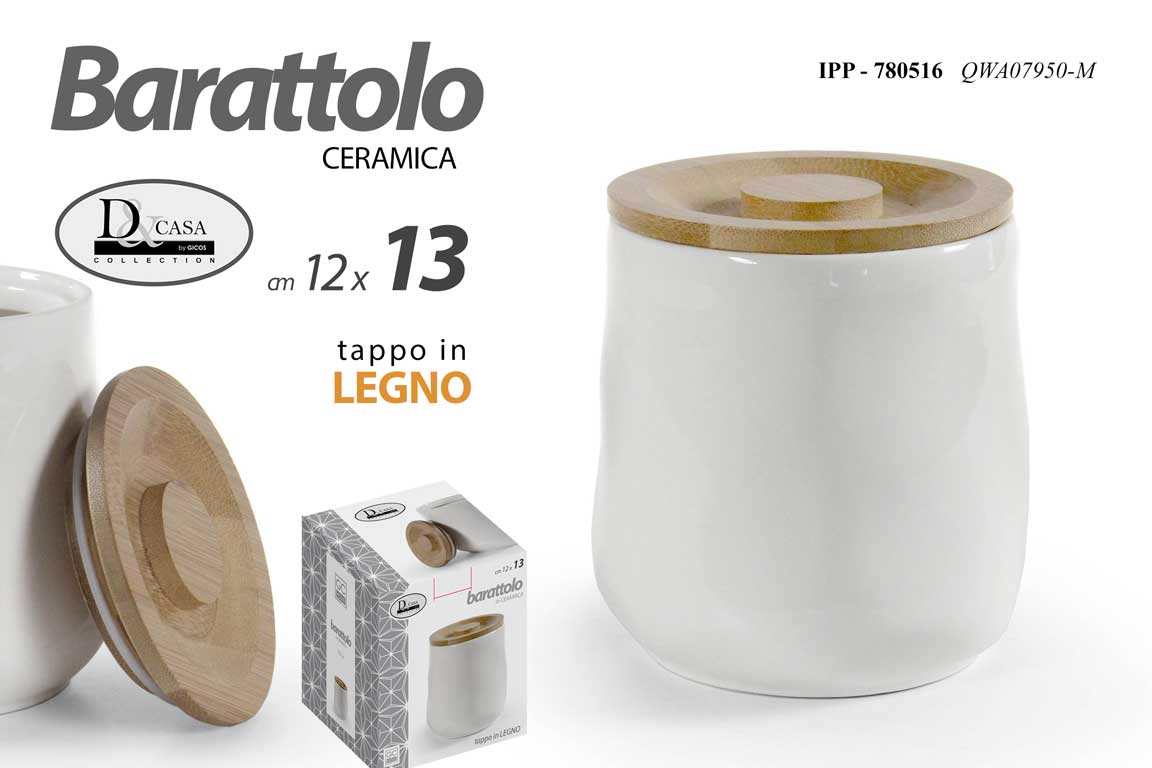 8025569780516 BARATTOLO CERAMICA TAPPO LEGNO ERMETICO Contenitore CUCINA BIANCO 13*12 cm - immagine 1
