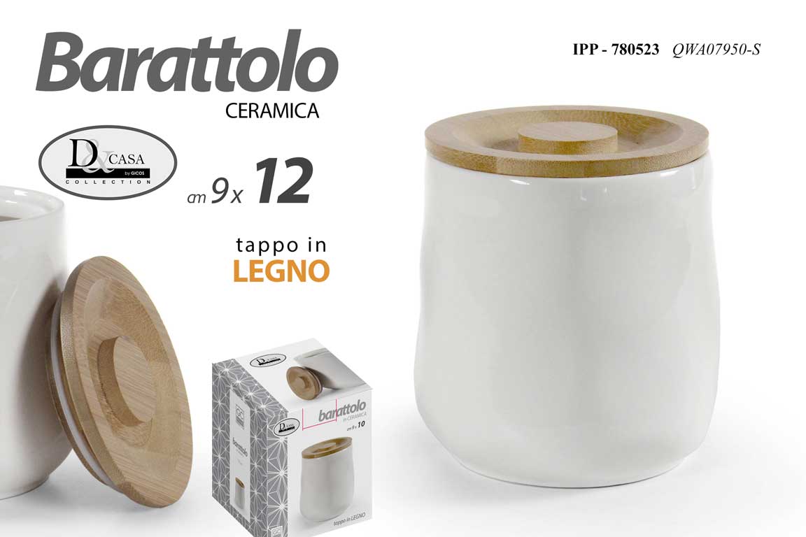 8025569780523 BARATTOLO CERAMICA BIANCA TAPPO LEGNO ERMETICO Contenitore CUCINA MODERNO 11 CM - immagine 1