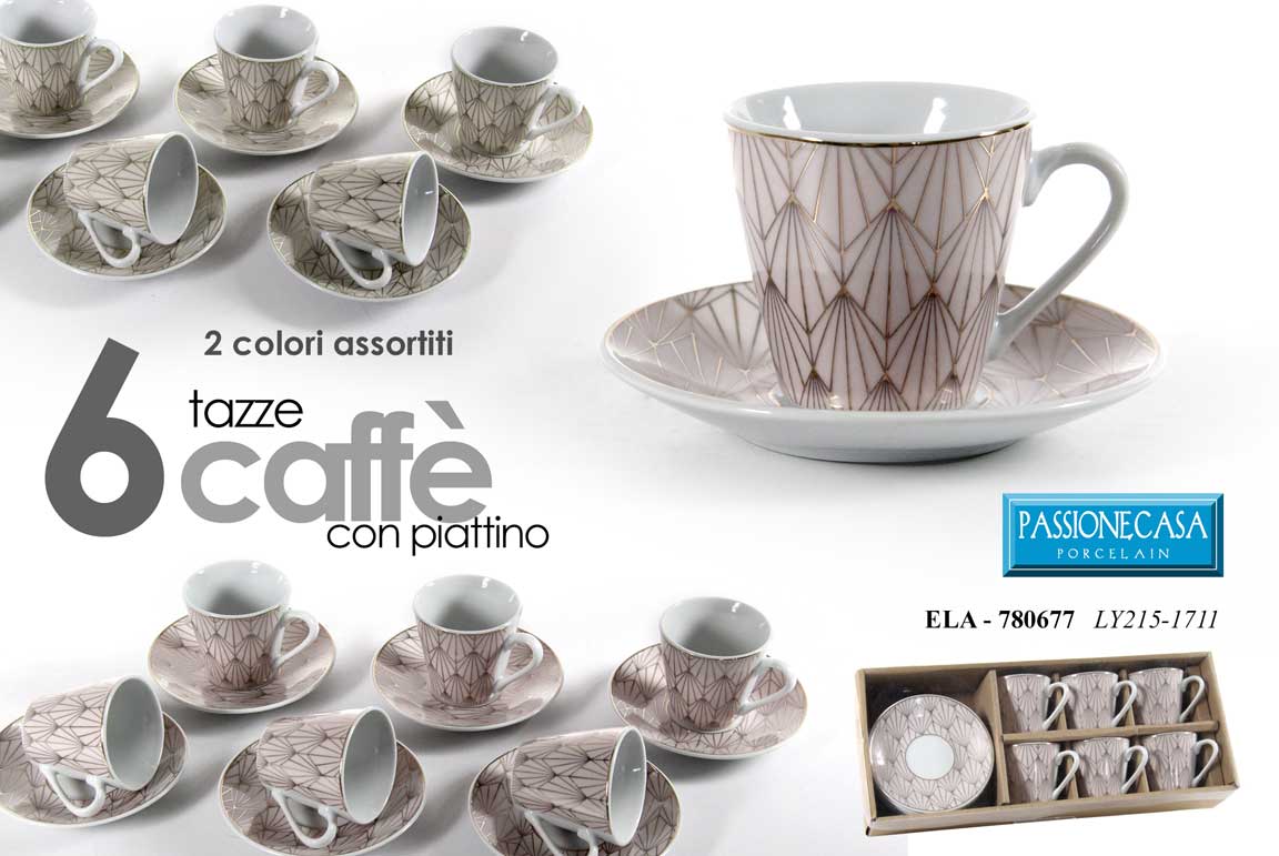 8025569780677 SET 6 TAZZINE Caffè + 6 PIATTINI TAZZINA CLASSICO MODERNO COLOR ELEGANTI ASSORT - immagine 1